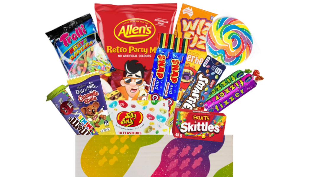 Retro Lolly Box filled with retro party mix, wizz fizz, retro swirl lolly pop, smarties, snap crackle, fizzers, sklittles, jelly beans ,caramello koala, sour worms and m&m's.